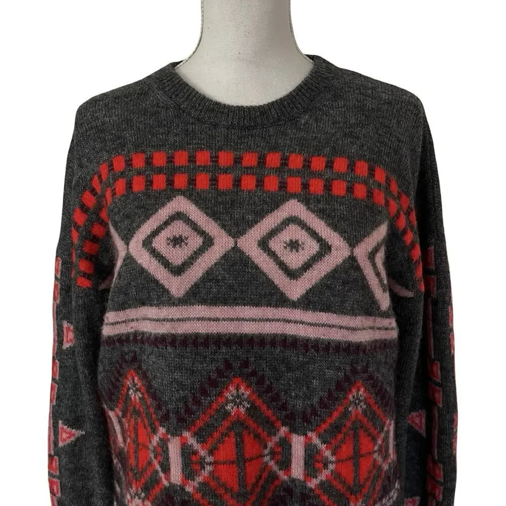J Crew Womens Fair Isle Wool‎ Mohair Blend Sweater Size L Gray Nordic Preppy